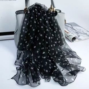 黑色波点春夏季新款女士真丝丝巾方巾桑蚕丝印花围巾保暖薄款纱巾