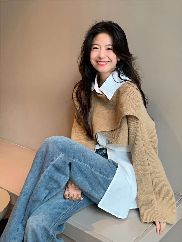 Alice大  “咖啡与茶”温柔慵懒风设计感不规则套头毛衣纯色甜美