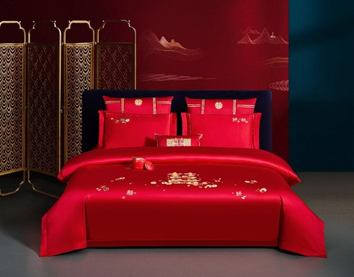 简约喜字刺绣婚庆四件套大红色结婚陪嫁被套床单新婚喜嫁床上用品