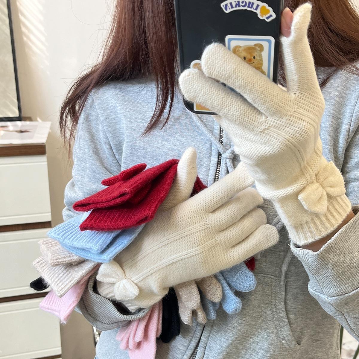 韩版可爱蝴蝶结毛线针织分指手套女秋冬保暖骑行防风防寒露指触屏