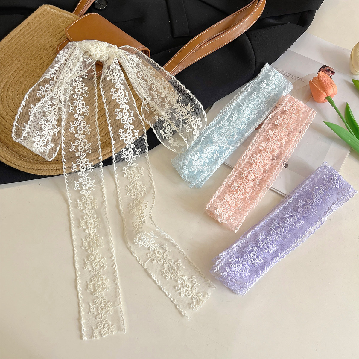 2025新款蕾丝飘带丝巾女春夏长条细窄丝巾发带领巾高级感百搭装饰