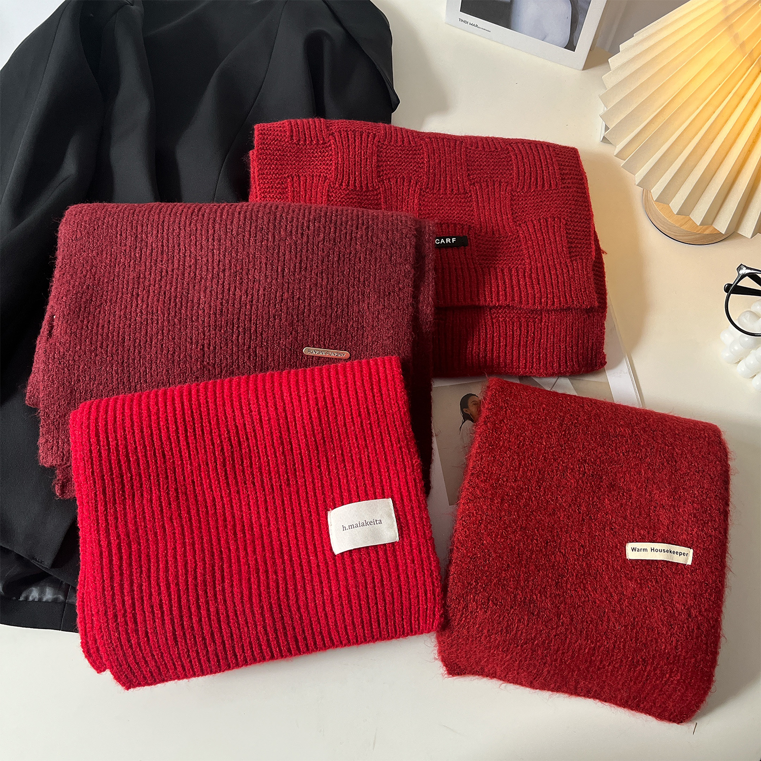 新年款红色系新款秋冬季百搭保暖针织围巾韩版高级感防风护颈围脖