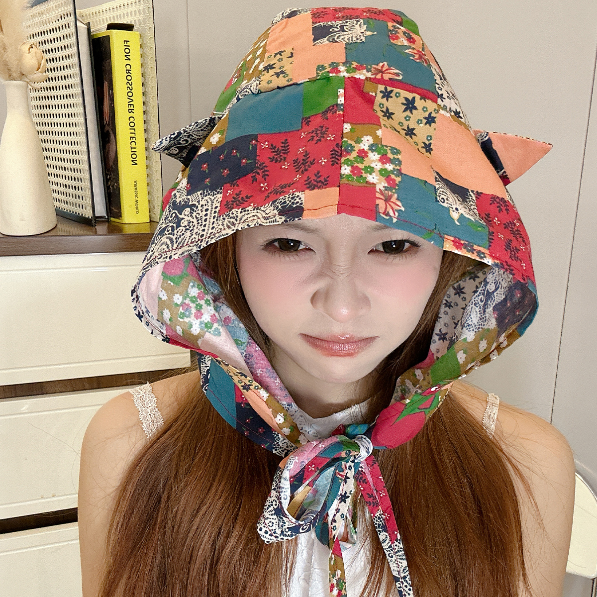 可爱恶魔角夏季凹造型夏季女式薄款时尚头巾帽贴布绑带大头围帽子