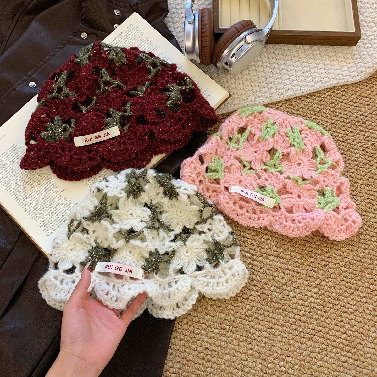 2025复古针织花朵镂空包头帽子女春秋季显脸小百搭堆堆帽套头帽