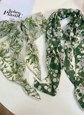 绿色复古春秋季花朵窄长丝巾飘带微透扎染风装饰发带氛围感围巾女