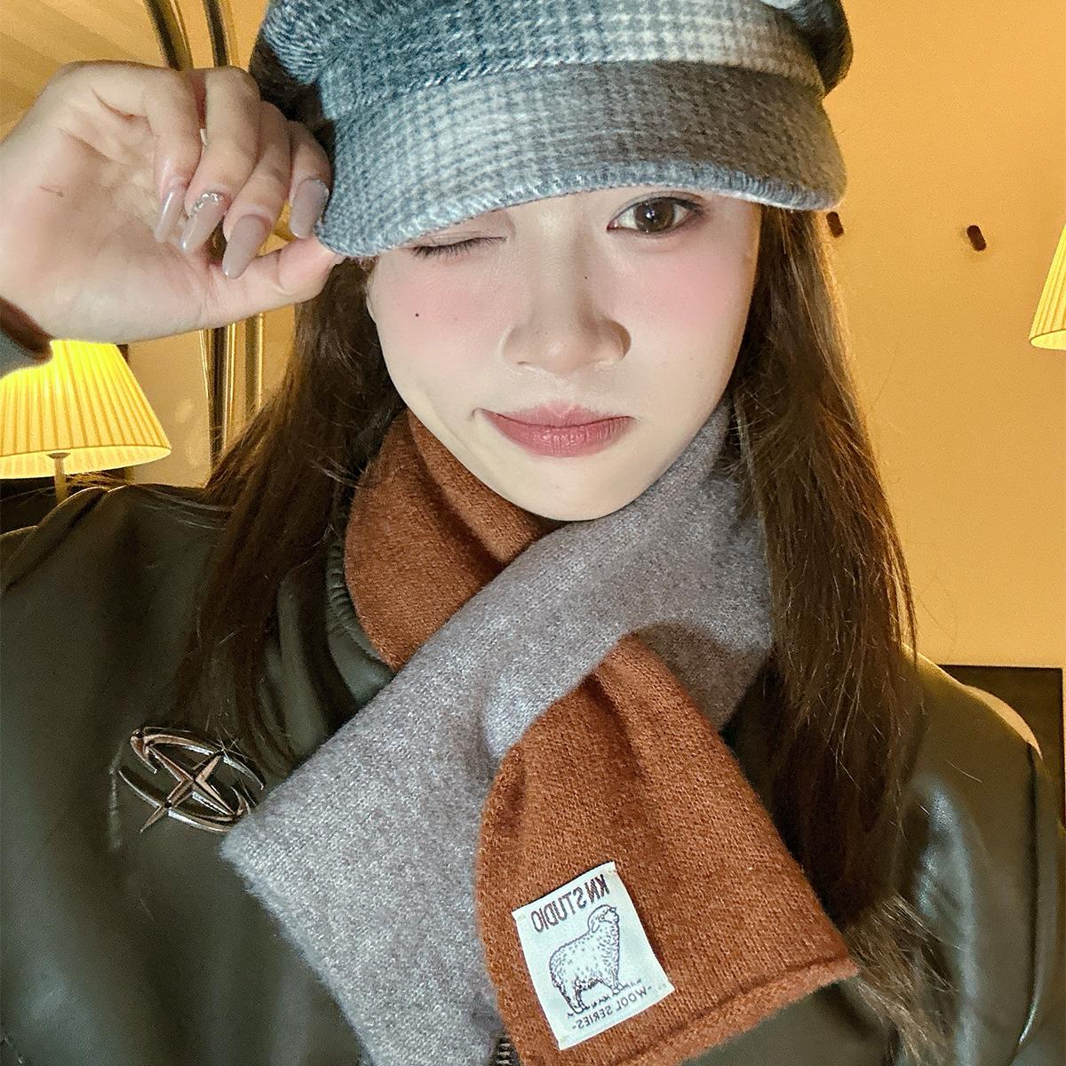 懒人交叉拼色针织小围巾女秋冬季时尚百搭高级感加厚保暖短款围脖