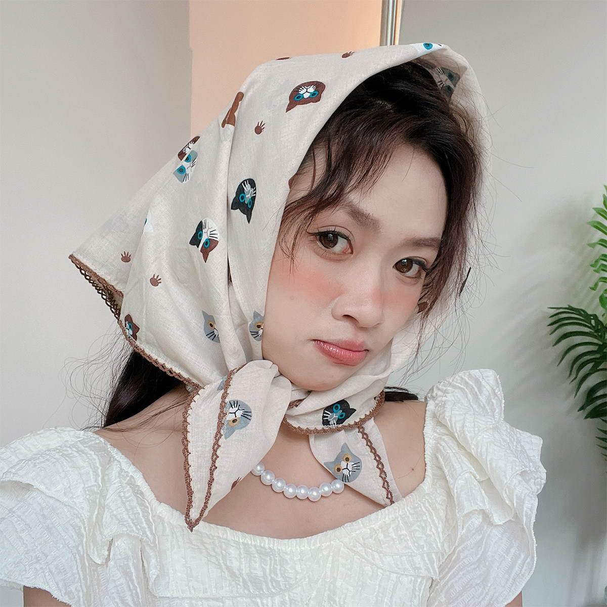 夏季新款可爱猫咪棉麻小方巾女韩版百搭春夏季护颈小领巾装饰头巾