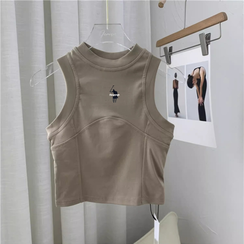 小马刺绣美式工字背心女夏薄款外穿打底吊带遮副乳卡其色无袖上衣