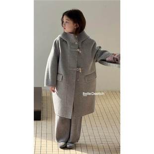 韩国波拉双面专柜羊绒大衣男童女童2025冬连帽中长款外套亲子