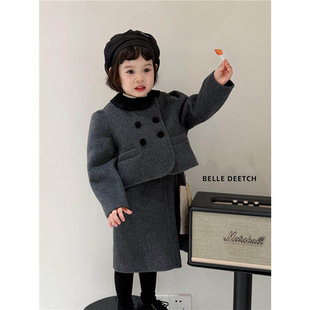 韩国波拉双面专柜羊绒大衣男童女童2025冬中长款套装两件套