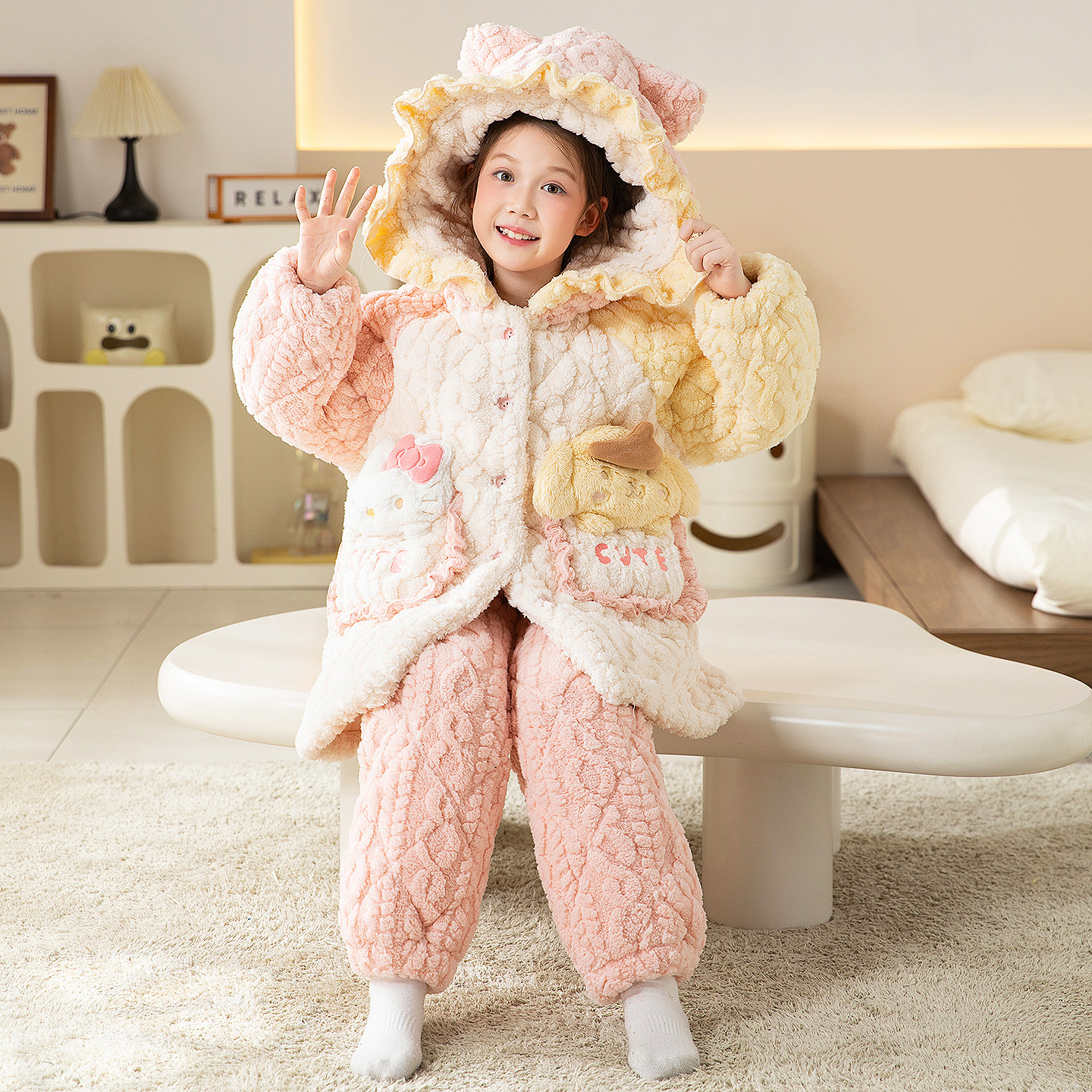 儿童睡衣女孩冬季加绒加厚冬款三层夹棉珊瑚绒女童冬天宝宝家居服