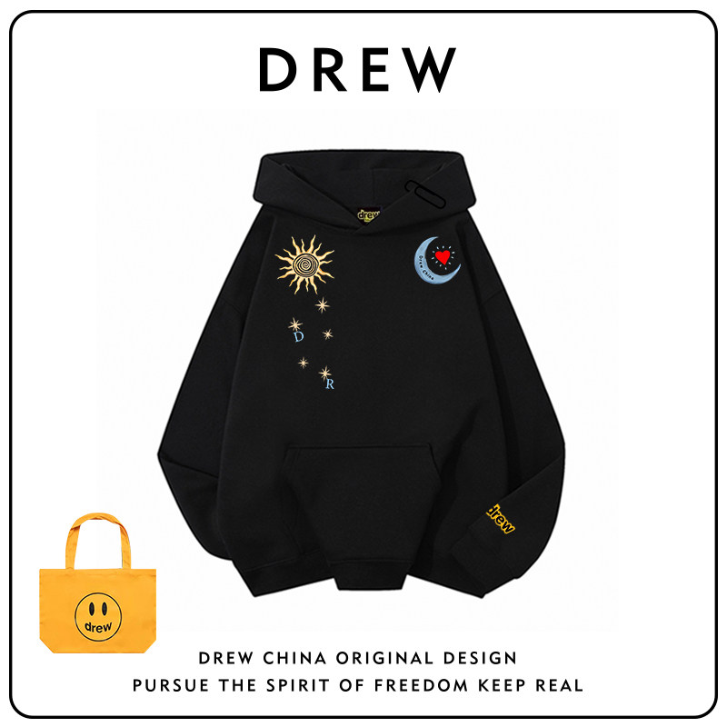 Drew美式潮牌复古太阳月亮印花连帽加绒卫衣男女情侣街头宽松帽衫
