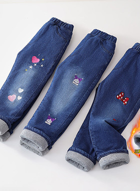 秋冬新款女童装夹棉加厚牛仔裤子中大童装三层保暖卡通刺绣棉裤子
