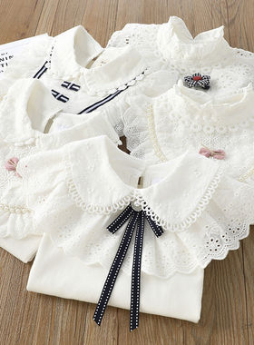 女童装春秋新款白色T恤上衣儿童娃娃领衬衫女孩套头长袖打底衫潮