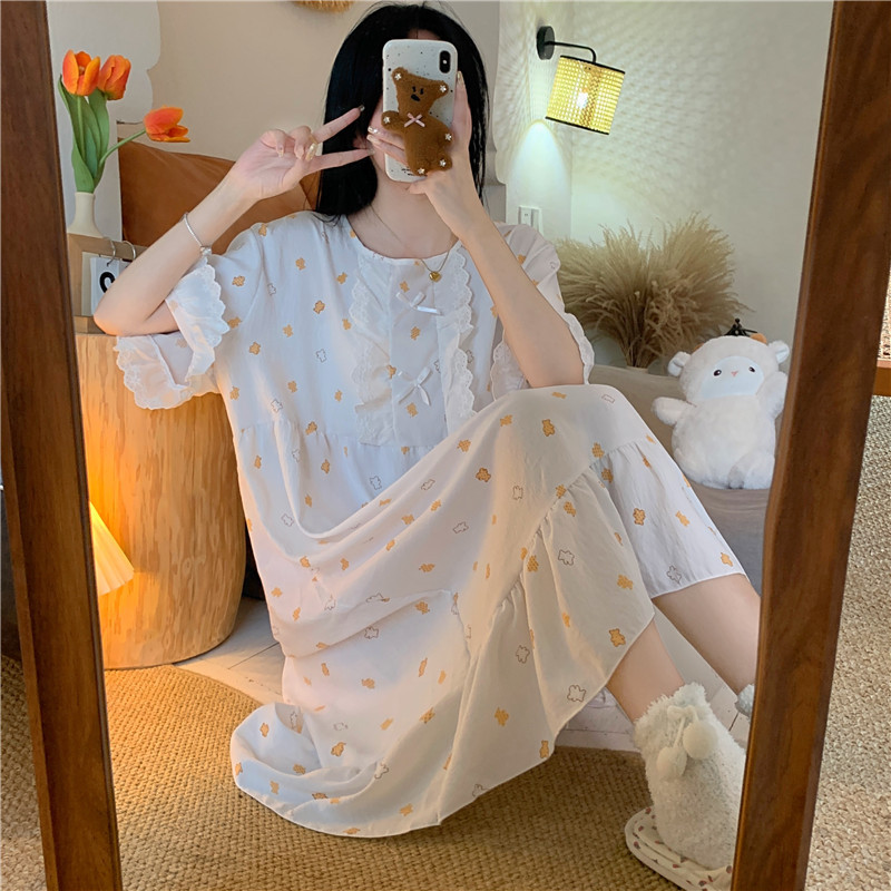 睡裙女夏季云朵棉纱短袖薄款甜美可爱公主风大码孕妇家居服连衣裙