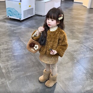 女童套装韩版冬季女童棕黄色毛毛加绒外套亮片宝宝半身裙两件套
