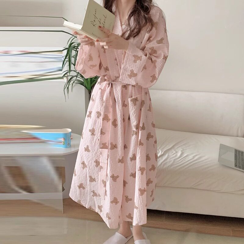 睡袍女春夏新款2026日系ins风可爱浴袍格子小熊长袖公主风居家服
