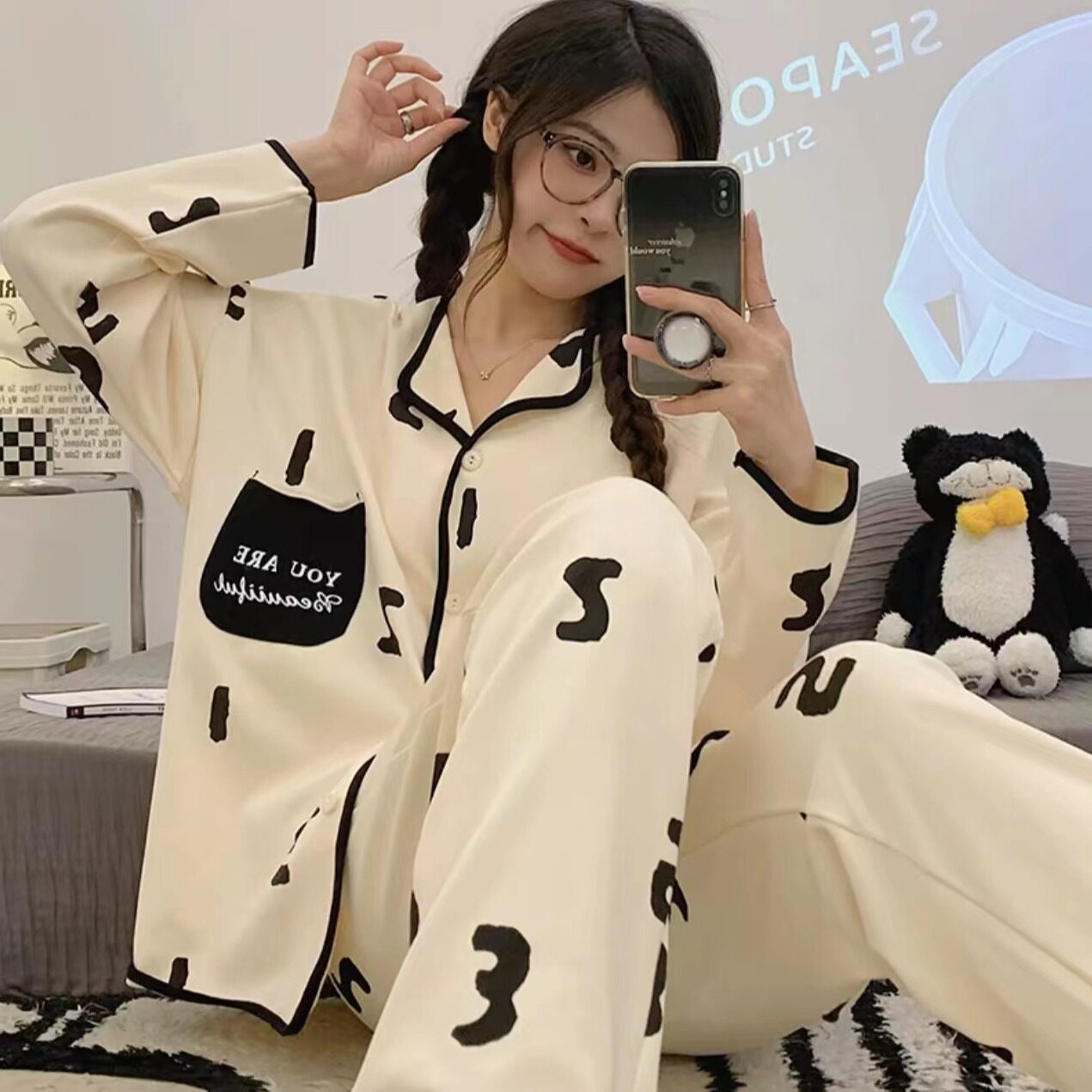 春秋季新款仿棉长袖小清新睡衣女简约ins时尚学生减龄家居服套装