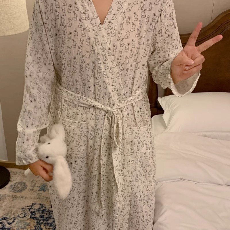 可爱兔子印花长袖睡衣女春秋夏季新款2026系带睡袍浴袍睡裙中长款
