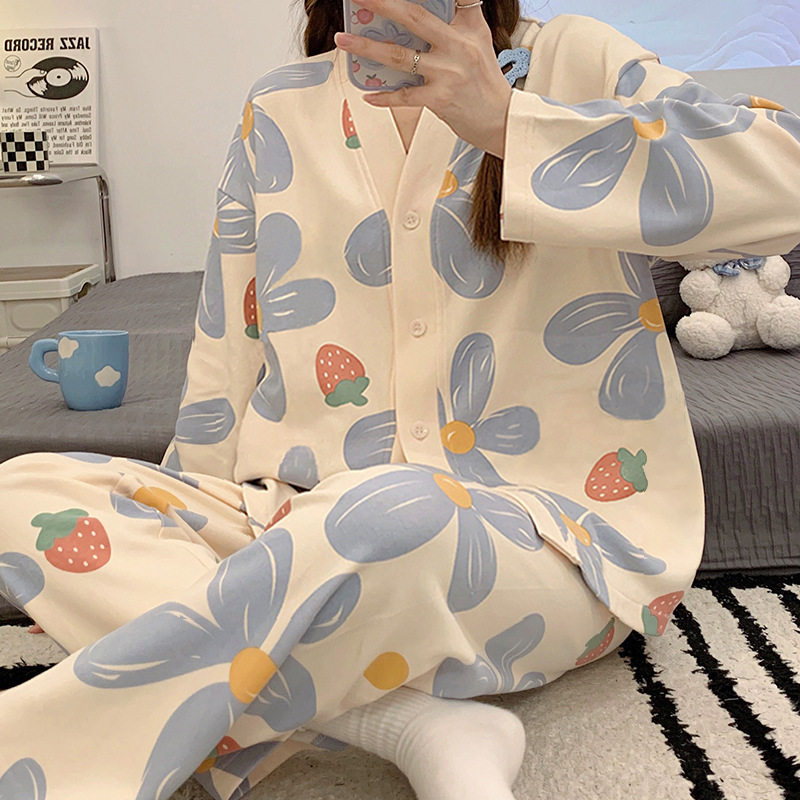 2026春秋季牛奶丝睡衣女开衫V领长袖长裤薄款波点印花家居服套装