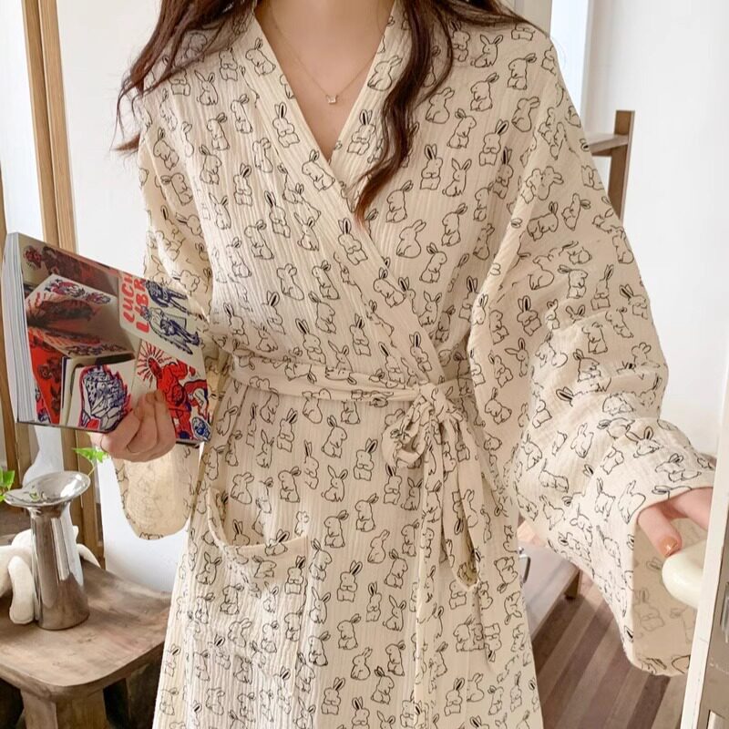 卡通可爱小兔子新款睡袍浴袍睡裙睡衣女款春秋季长袖家居服夏季天
