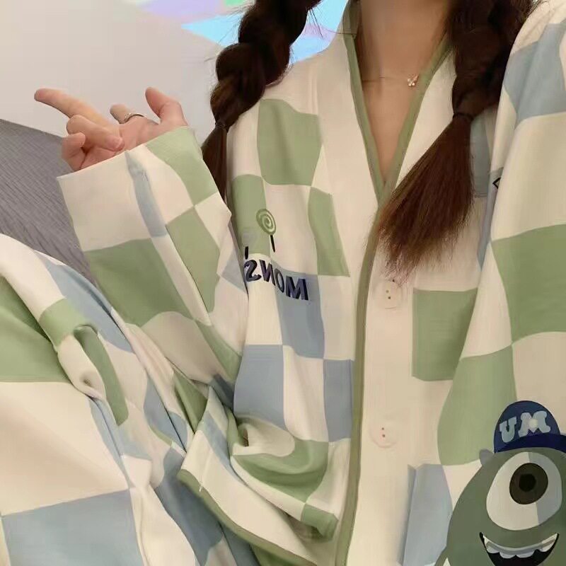 网红风格子睡衣女开衫卡通长袖春秋季款大码小个子可爱家居服套装