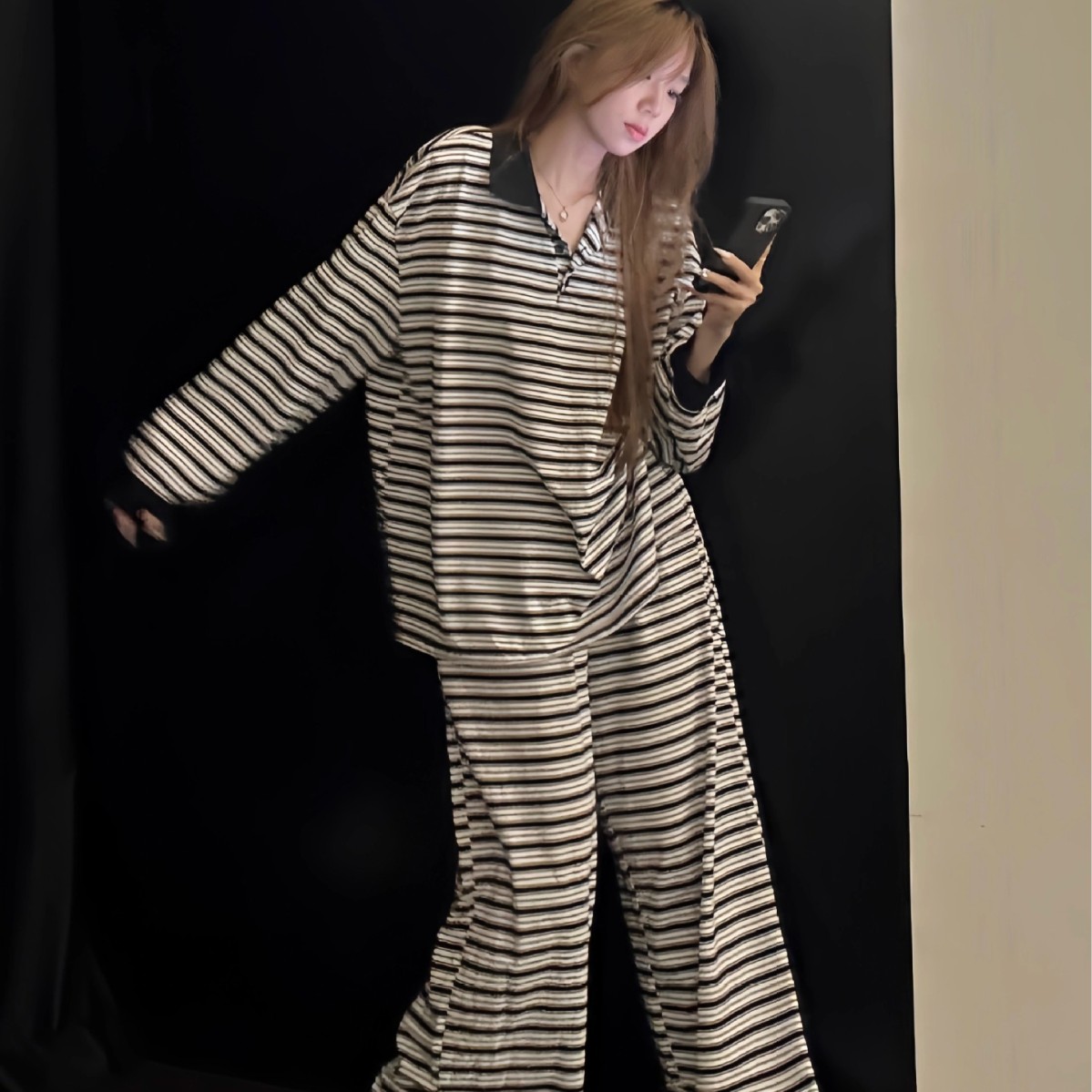 甜美韩系感条纹长袖睡衣女春秋款翻领家居服长裤大码休闲套装