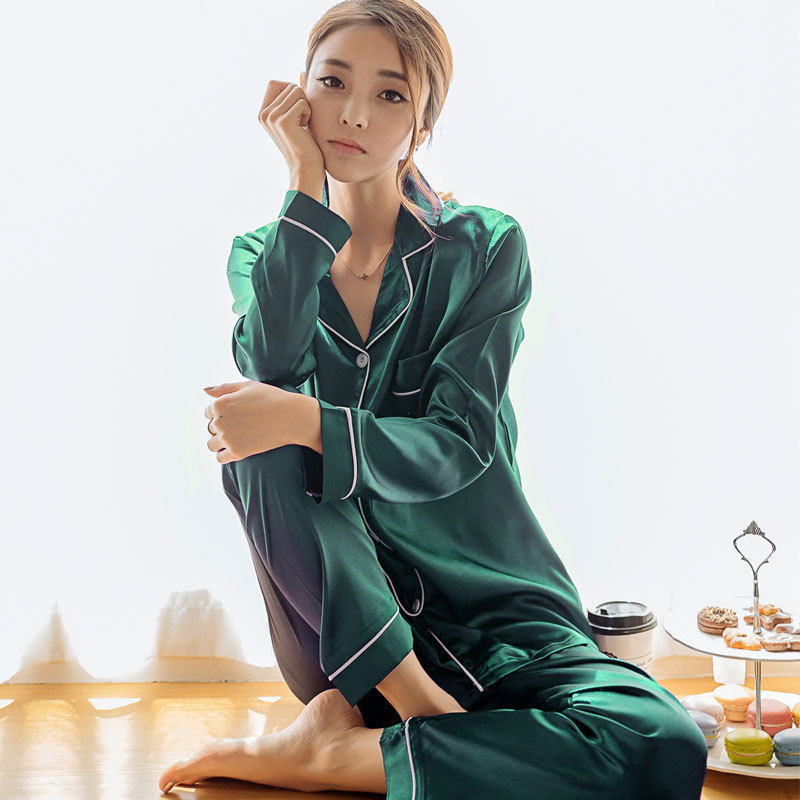 春秋季仿真丝绸睡衣女士长袖薄款韩版衬衫性感冰丝家居服休闲套装
