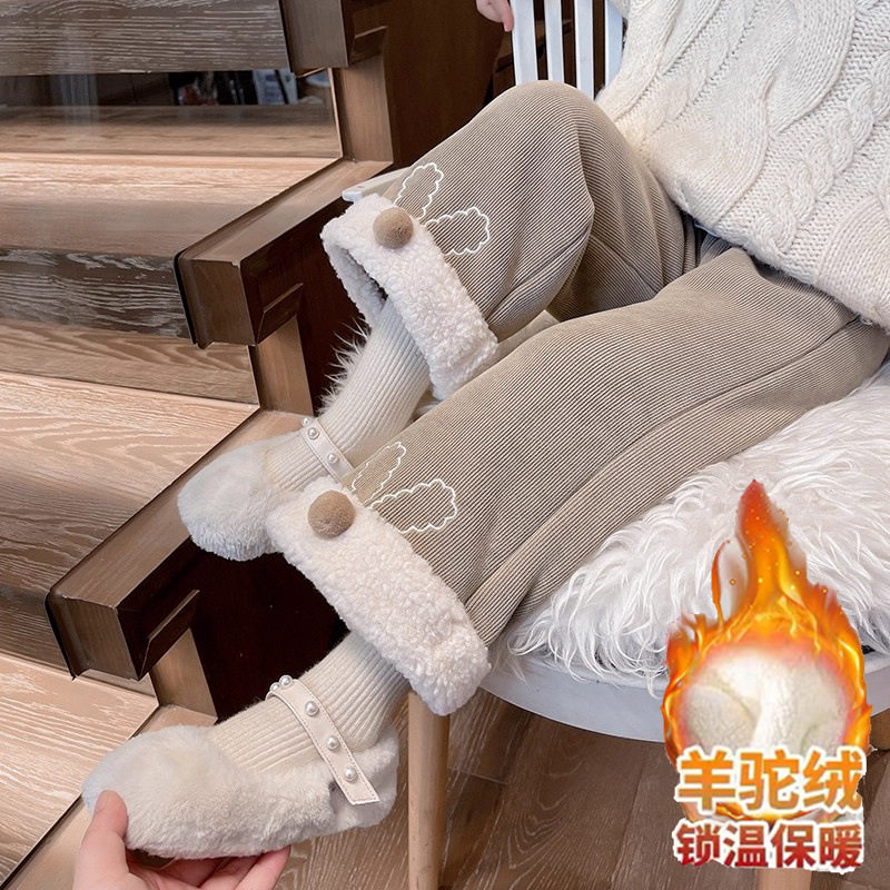 儿童冬季加绒裤子女童卡通兔耳直筒裤新款宝宝可爱加厚外穿阔腿裤