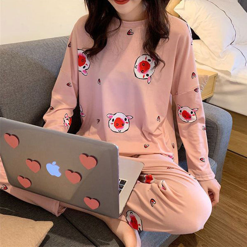 韩版ins睡衣女春秋季长袖甜美可爱卡通粉小猪圆领薄款家居服套装