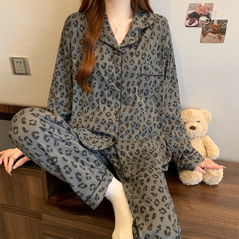 韩版ins灰色豹纹睡衣女春季新款简约仿棉长袖开衫家居服套装