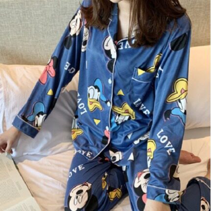 女士睡衣女春秋长袖甜美开衫月子家居服两件套装秋冬夏季薄款可爱