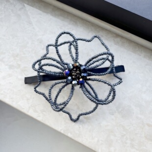 韩国进口多色串珠花朵发夹气质细边弹簧夹重工淑女顶夹发饰头饰