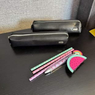 四件包邮出口欧美长条形黑色PU随身便携化妆包收纳包笔袋学生文具
