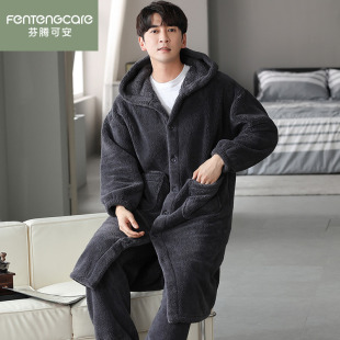 加厚加绒保暖法兰绒睡袍可外穿家居服 芬腾可安珊瑚绒睡衣男秋冬季