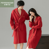 芬腾可安情侣睡袍女秋冬纯棉夹层长袖 薄夹棉浴袍男加厚空气棉睡衣