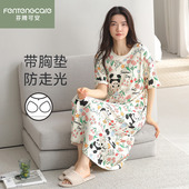 带胸垫植物花卉薄款 芬腾可安睡裙女纯棉夏季 中长款 短袖 家居服 新款