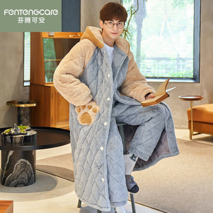 芬腾可安男士睡衣秋冬季加厚保暖珊瑚绒睡袍青少年三层夹棉家居服