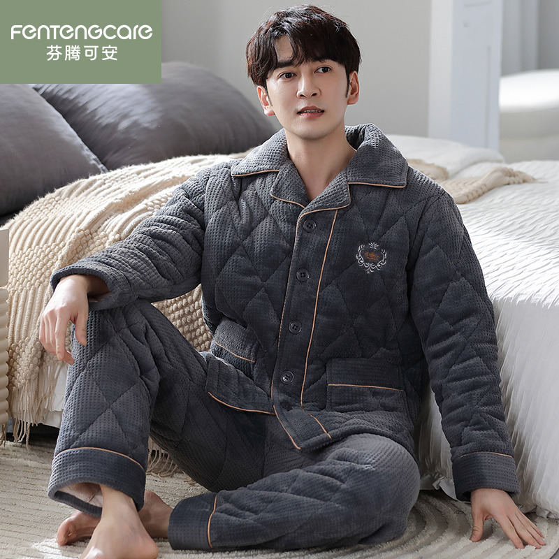 芬腾正品睡衣男加厚珊瑚绒夹棉袄