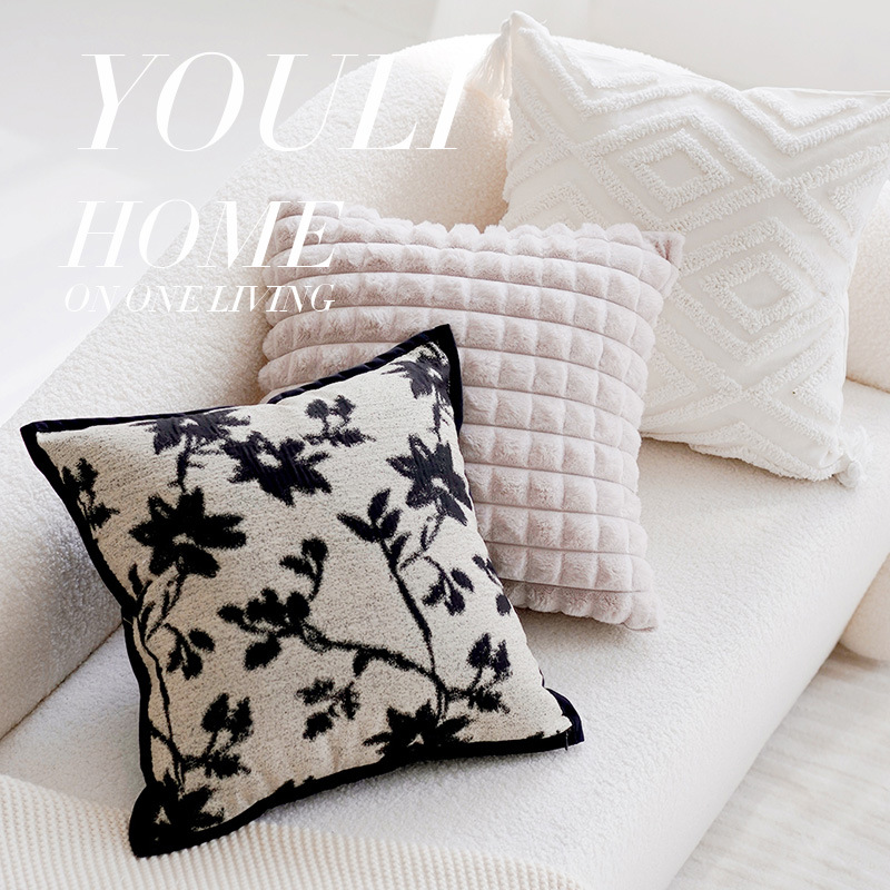 法式靠包复古花卉抱枕套现代简约黑白靠枕美式客厅沙发靠垫小