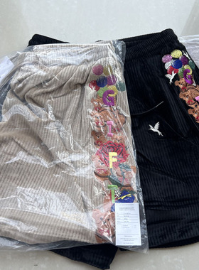 DOUBLET 男女同款夏季重工刺绣小熊图案灯芯绒宽松直通五分裤短裤