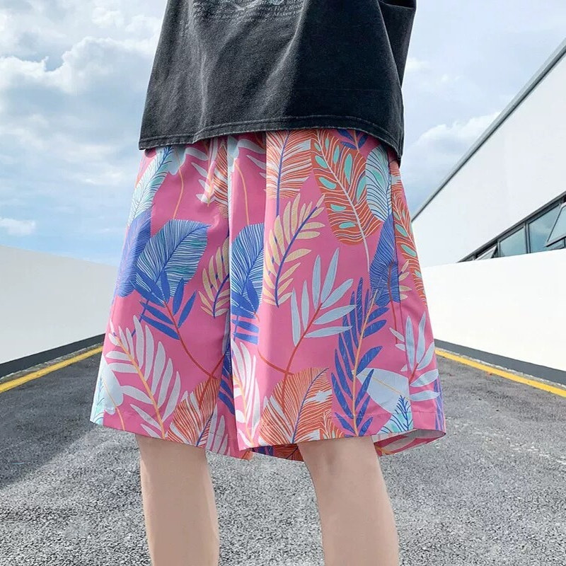 夏季男士速干沙滩裤裤海边旅游休闲短裤棉绸青年宽松五分裤大裤头