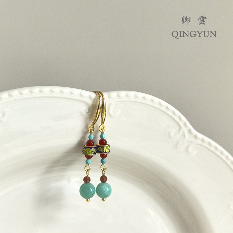 卿云原创S925银镀金景泰蓝玛瑙流苏耳环新中式绿松石复古国风耳钉