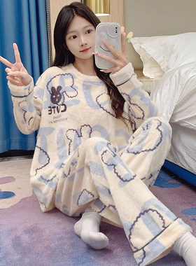 珊瑚绒睡衣女士冬季加绒加厚法兰绒宽松大码4XL5XL保暖家居服套装