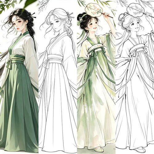 古风美女高清线稿彩稿对照版古典动漫插画手绘临摹上色A3打印素材
