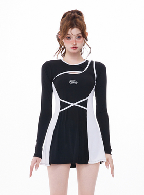 2023新款泳衣女连体裙式保守平角夏季长袖防晒遮肚显瘦学生少女