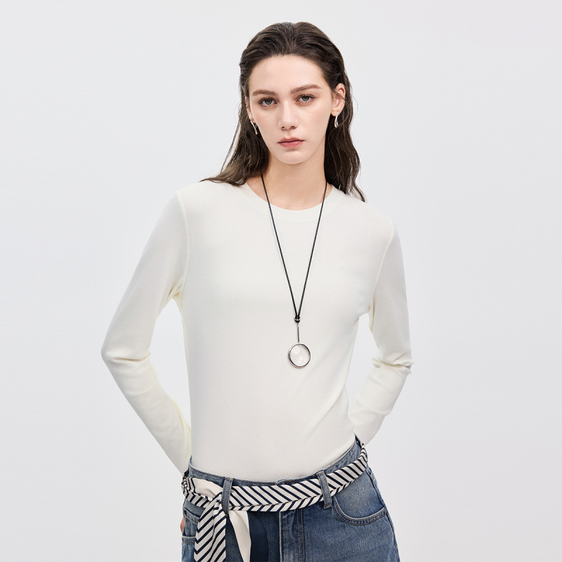 初棉窄肩T正肩长袖T恤女分割线设计25秋新品圆领弹力显瘦上衣