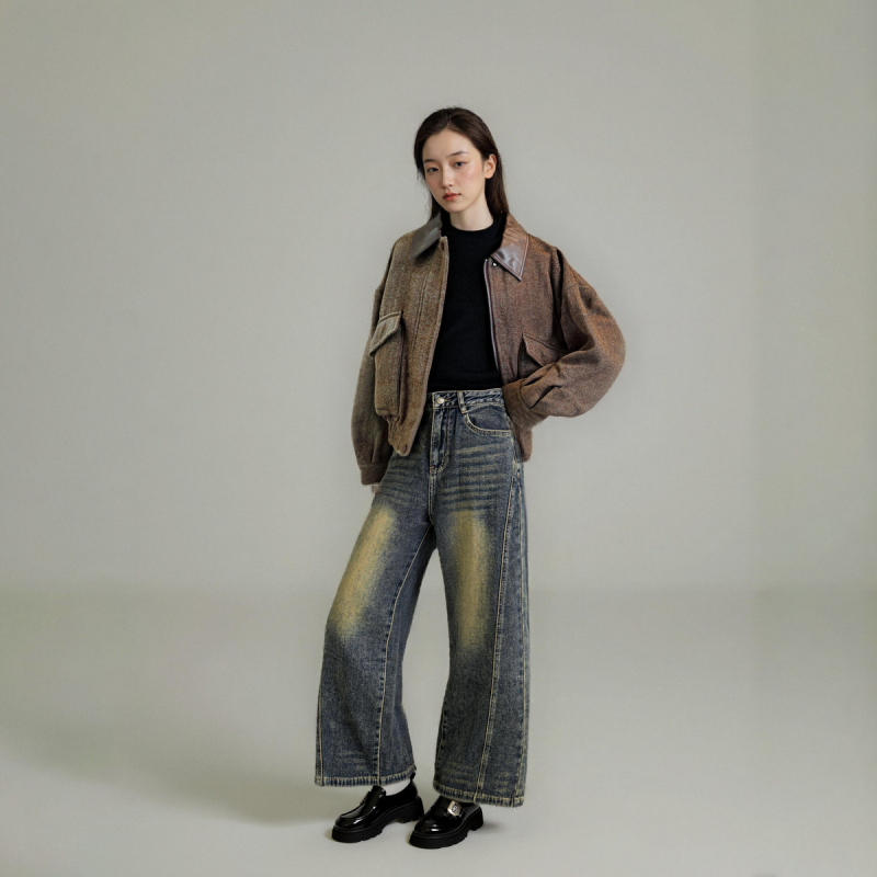 西町村屋绵羊毛复古风外套女装秋冬季拼接设计感短款夹克商场同款