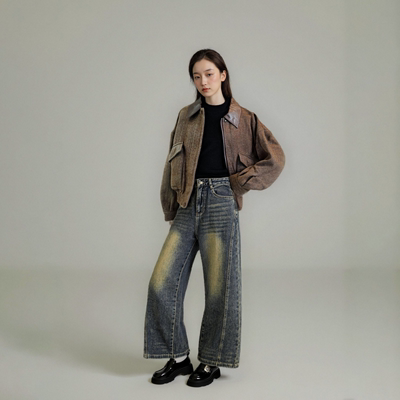 西町村屋绵羊毛复古风外套女装秋冬季拼接设计感短款夹克商场同款