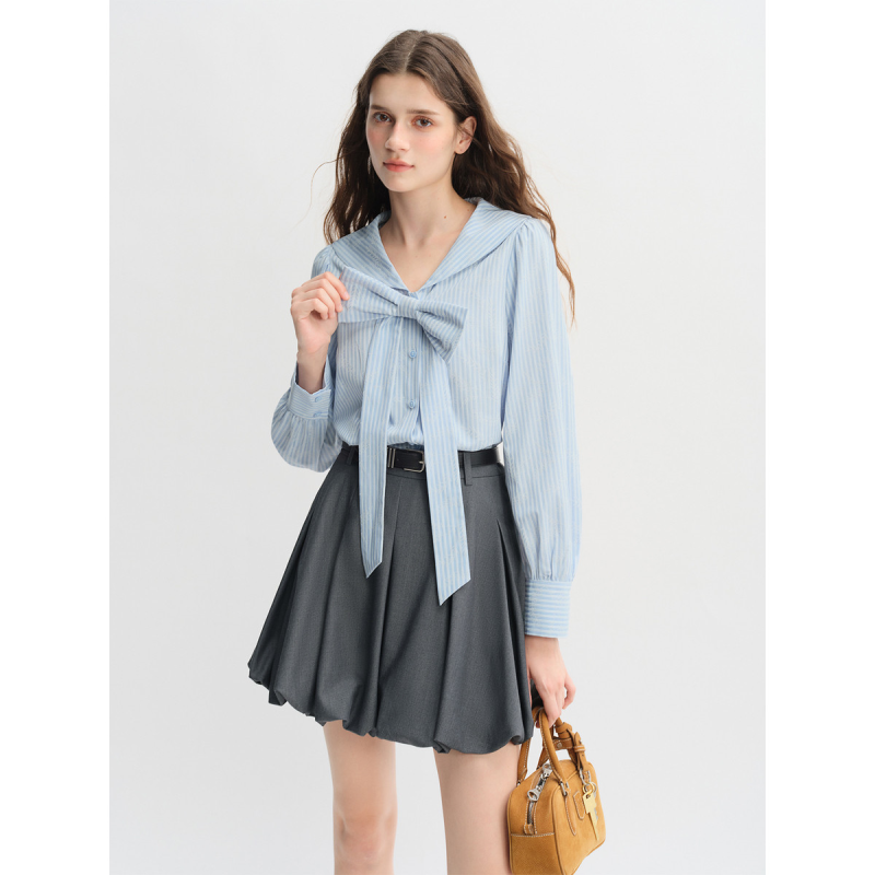 独束大码连衣裙海军领蝴蝶结装饰条纹衬衫2025秋季温柔减龄上衣女